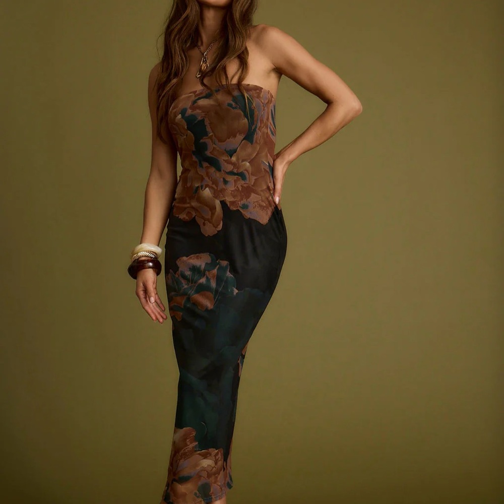 12th Tribe Strapless Floral Slip Dress in Brown and Black